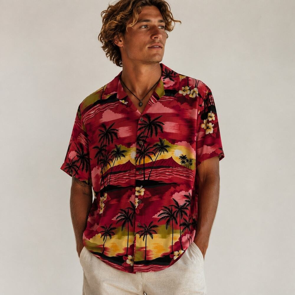 Vintage NWT Aloha Republic Hawaiian Shirt L XL Red Sunset USA